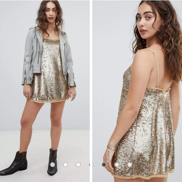NWT FREE PEOPLE Gold Shimmer Sequins Mini Dress - Picture 5 of 11